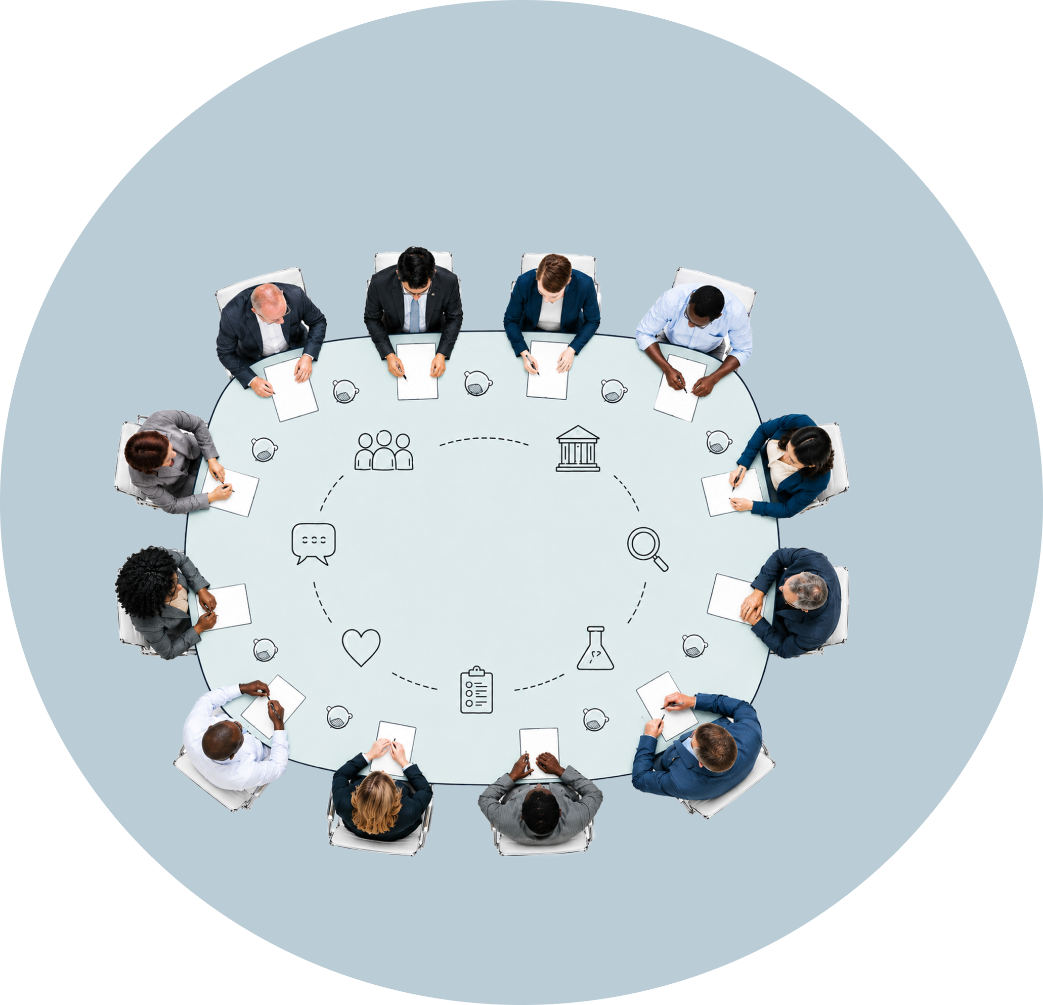 Eight professionals seated around a boardroom table, viewed from above